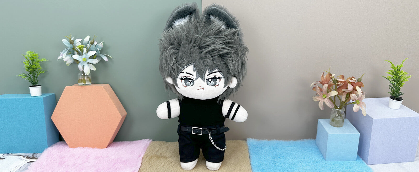 niannyyhouse 20cm Plush Doll Clothes Black Vest Pants Belt Accessories