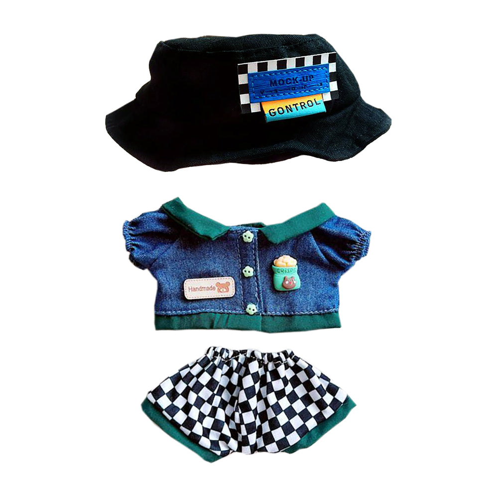 niannyyhouse 20cm Plush Doll Clothes Fisherman Hat Denim Jacket Plaid Pants 8in Doll Dress up.