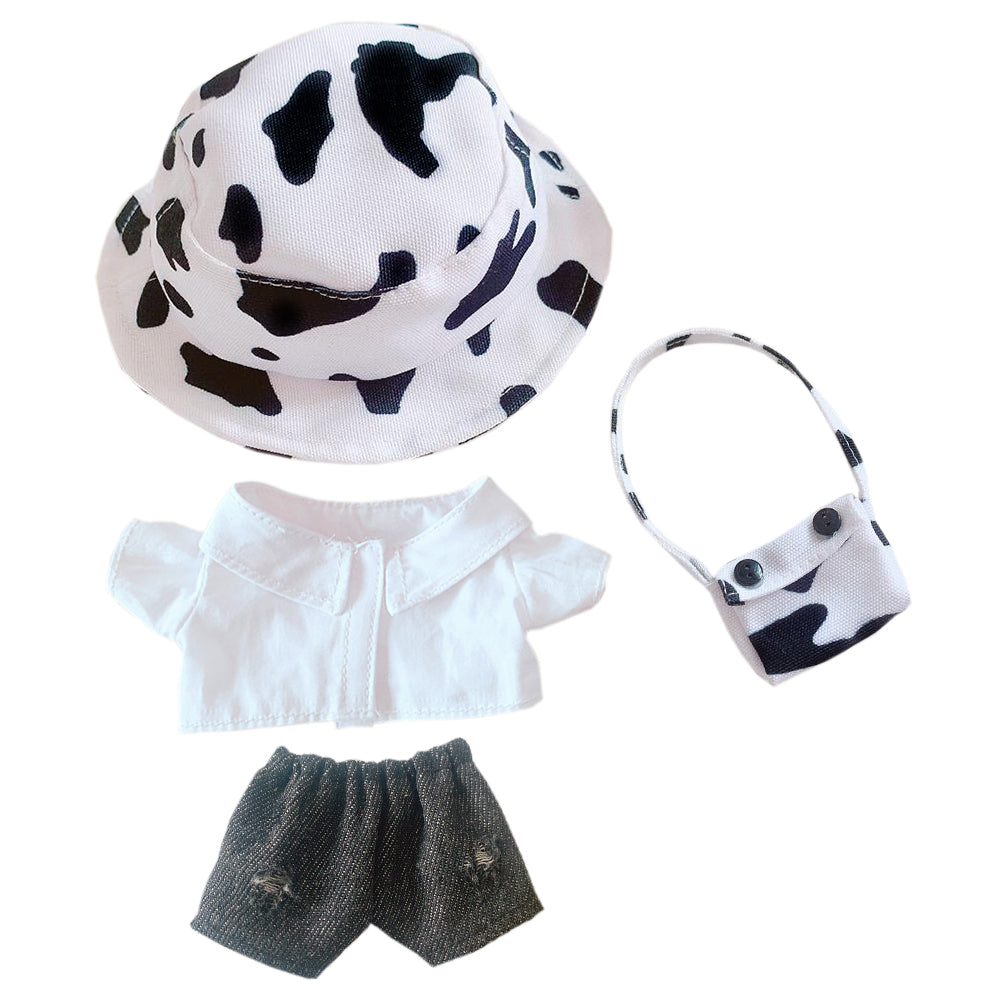 niannyyhouse Cow Clothes Suit 20cm(8in) Plush Doll Clothes Fisherman's Hat Jeans Shirt Doll Dressup.