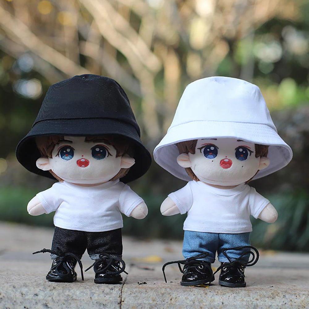 niannyyhouse 15cm 20cm Plush Doll Clothes Solid Color Bucket Hat White T-shirt Jeans Doll Accessories.