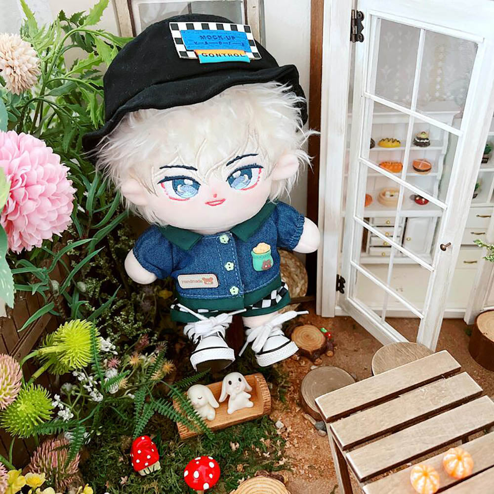 niannyyhouse 20cm Plush Doll Clothes Fisherman Hat Denim Jacket Plaid Pants 8in Doll Dress up.