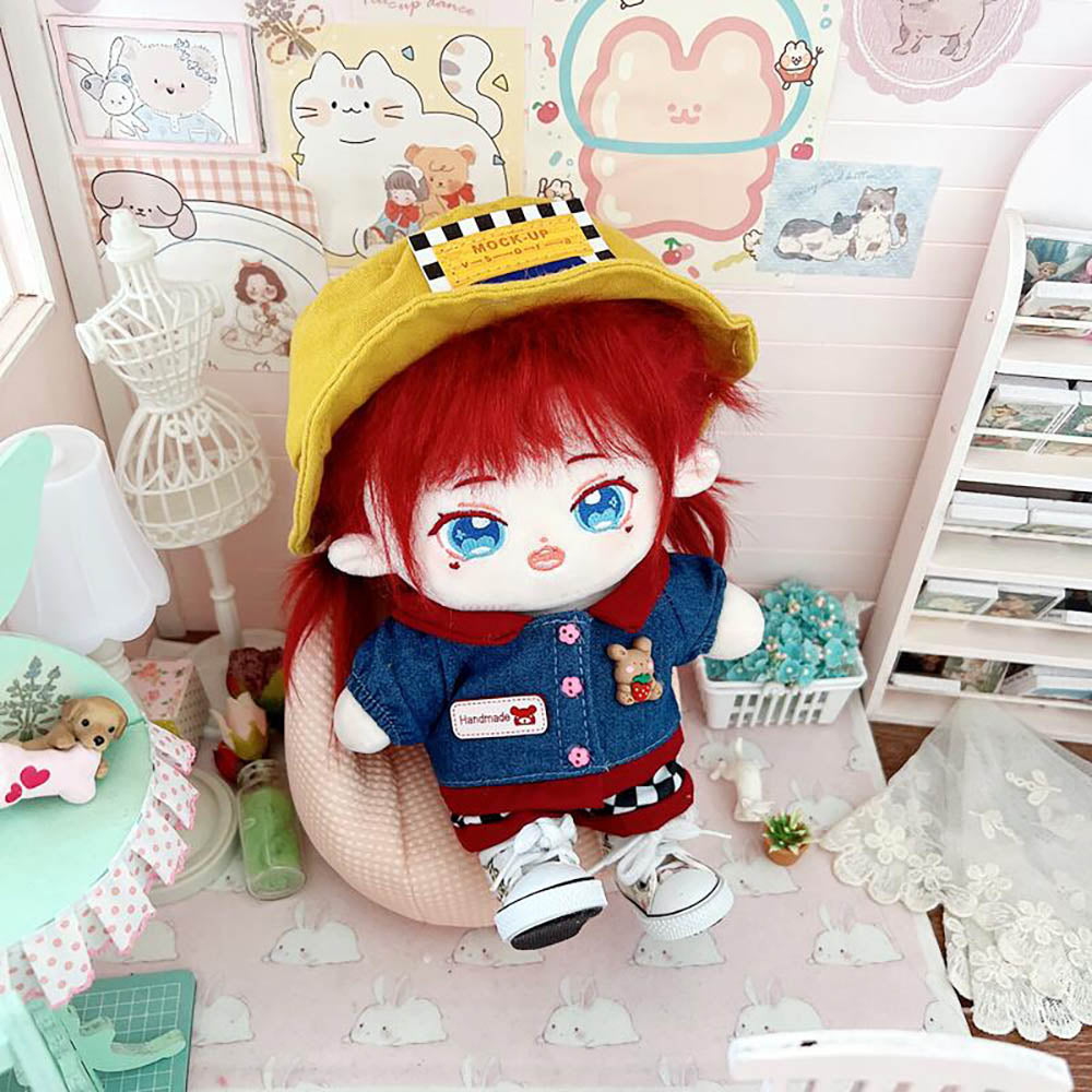 niannyyhouse 20cm Plush Doll Clothes Fisherman Hat Denim Jacket Plaid Pants 8in Doll Dress up.