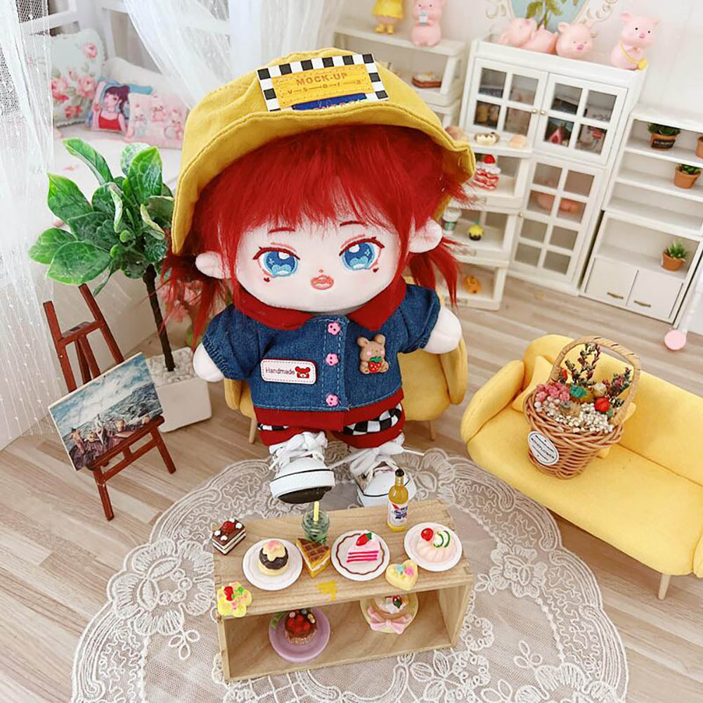 niannyyhouse 20cm Plush Doll Clothes Fisherman Hat Denim Jacket Plaid Pants 8in Doll Dress up.