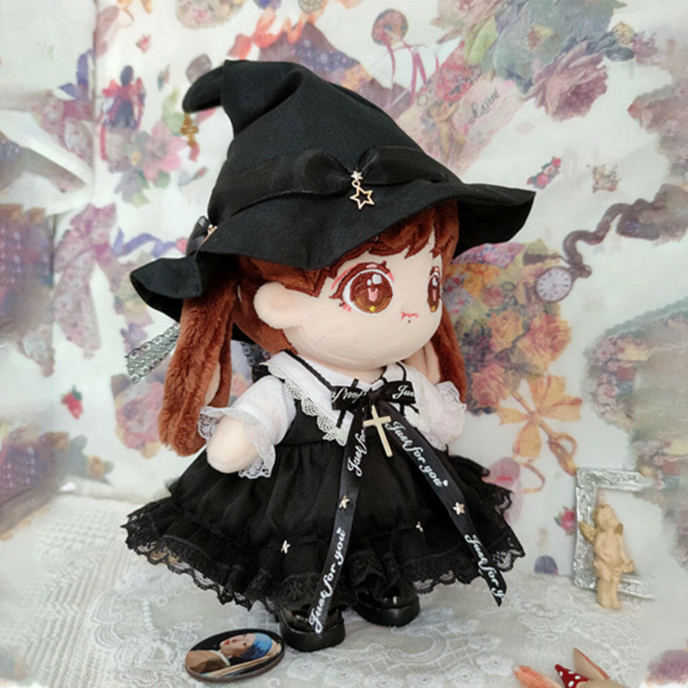 niannyyhouse 7.8in/20cm Plush Doll Clothes Black Magic Hat Mesh Lace Dress.