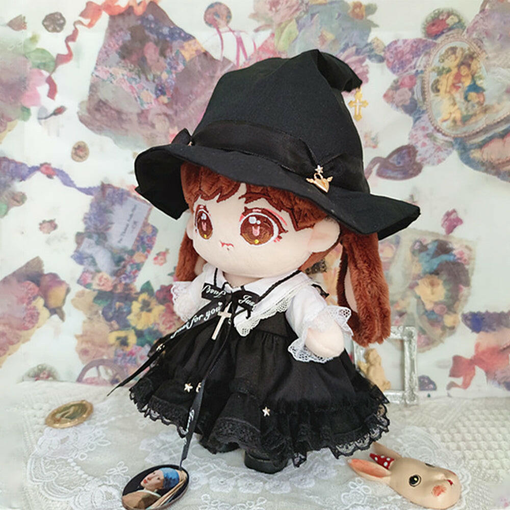 niannyyhouse 7.8in/20cm Plush Doll Clothes Black Magic Hat Mesh Lace Dress.