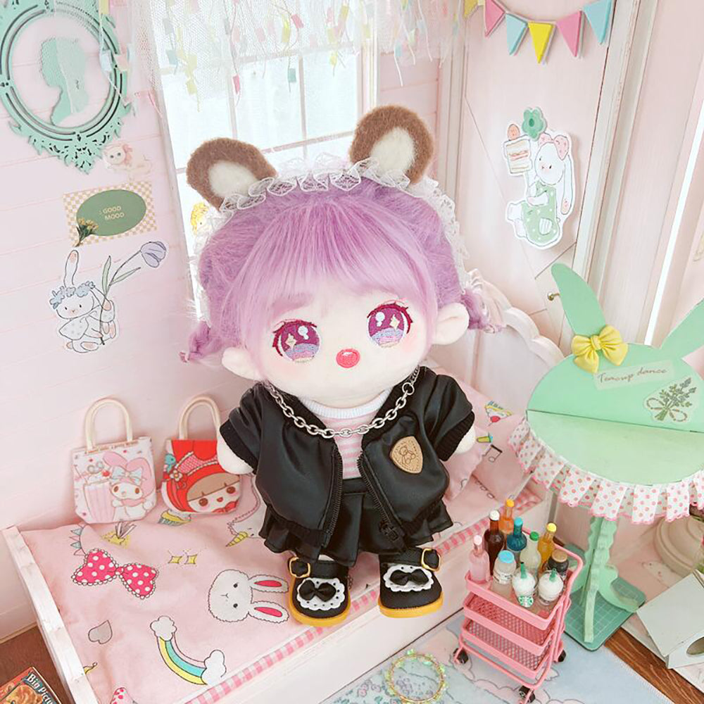 niannyyhouse Leather Jacket Pink Striped T-shirt Skirt 20cm Plush Doll Clothes.