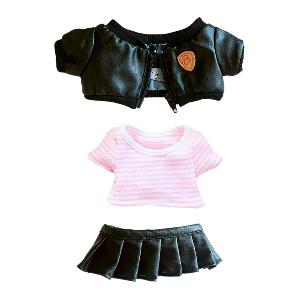 niannyyhouse Leather Jacket Pink Striped T-shirt Skirt 20cm Plush Doll Clothes.